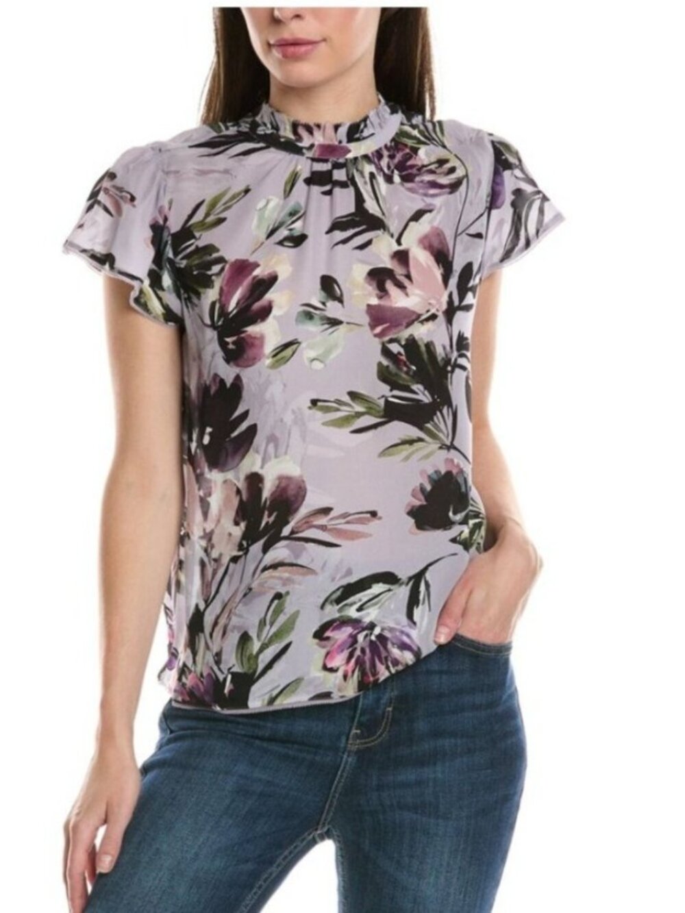 Go by Go Silk Floral Blouse Top L Purple Black Washable Silk Ruffle Cap Sleeve